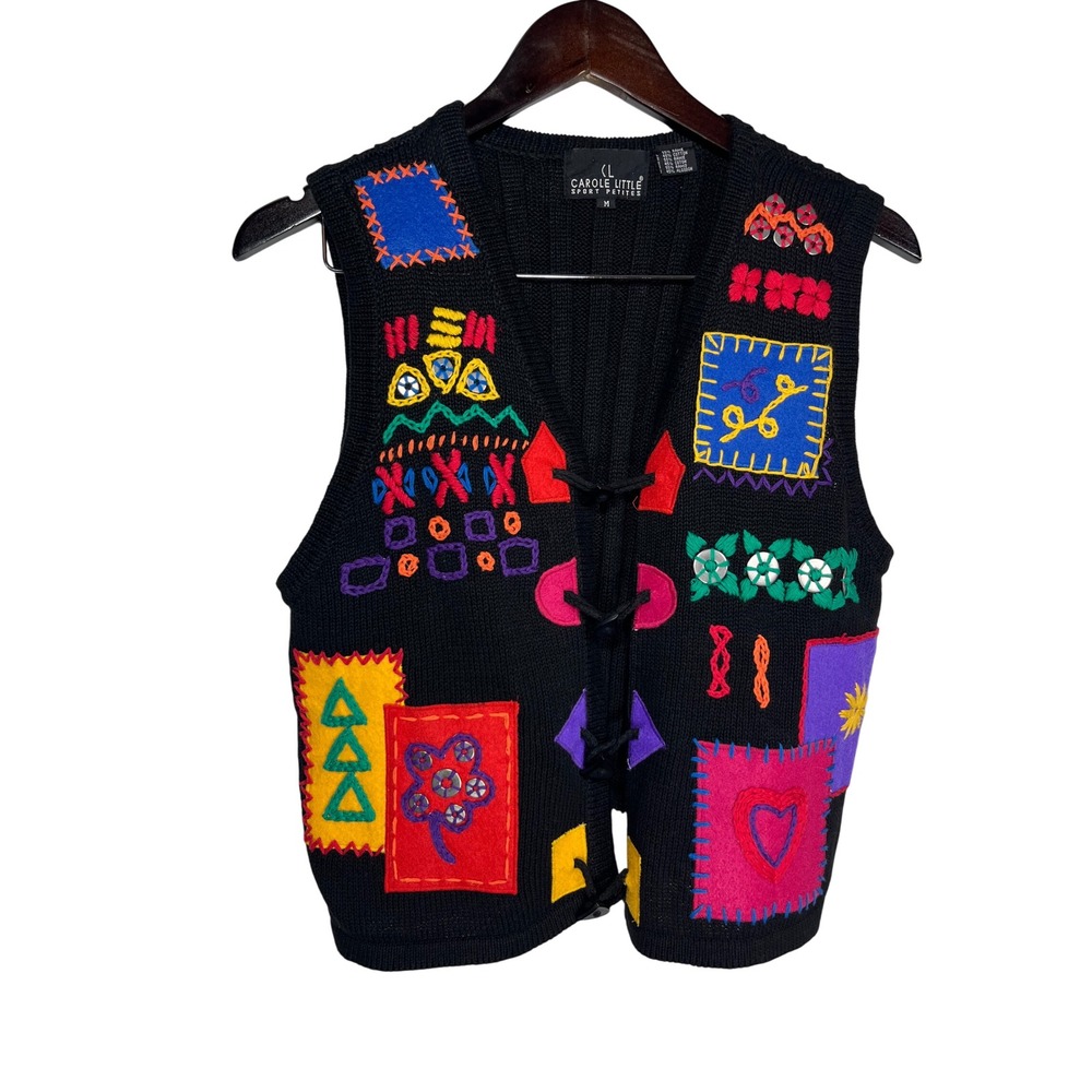 Carole Little Sport Petites Sweater Vest M Black Multi Patchwork Embroidered Art